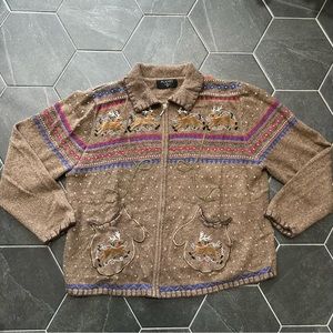 Brown Chunky Knit Reindeer Gloves Fair Isle Zip Cardigan Sweater